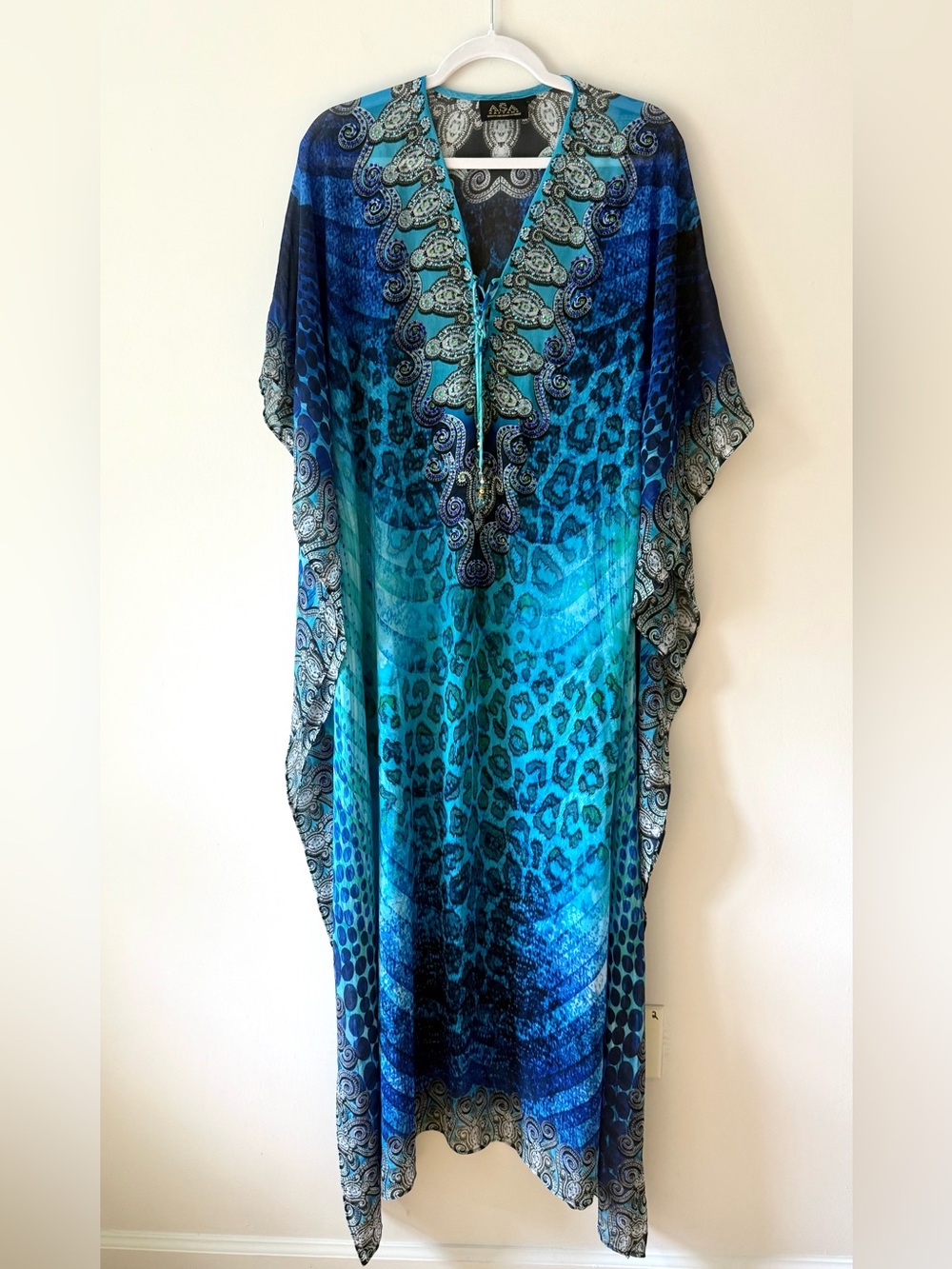 ASA Kaftans NWOT Blue Leopard Paisley Embellished Maxi Kaftan Size S